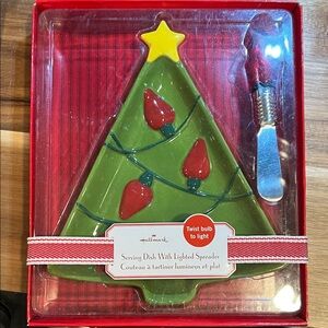 Hallmark Green Christmas Tree Dish with Red Bulbs and Silver Spreader